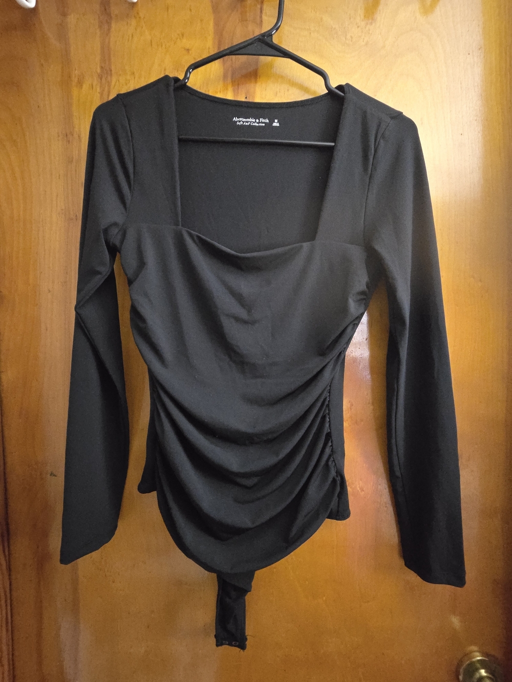 Abercrombie & Fitch Black Long-Sleeve Ruched Square-Neck Bodysuit